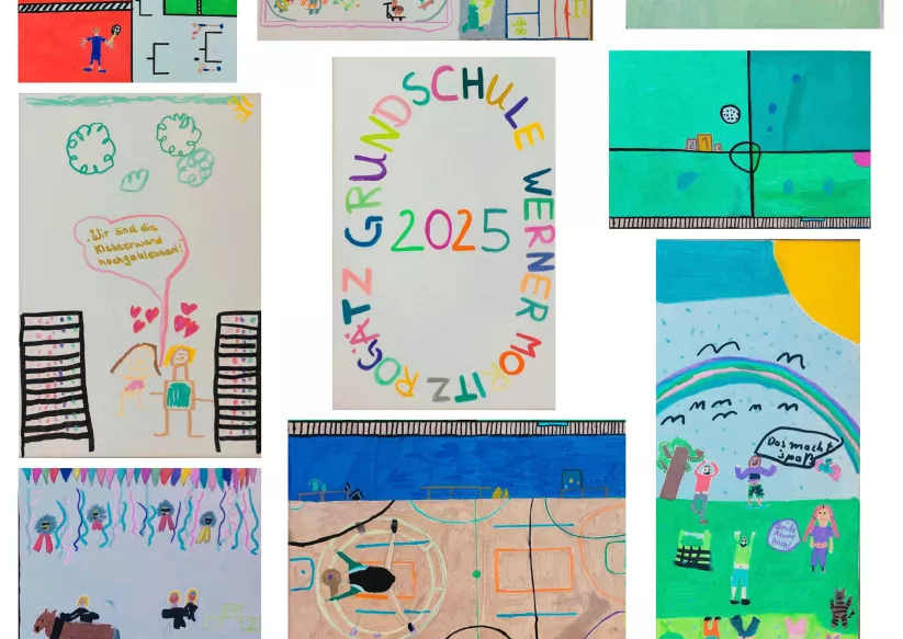 Collage zum Thema Bewegung mit 14 unterschiedlichen Sportarten gestaltet von allen Klassen der Grundschule "Werner Moritz" Rogätz. Beispiele: Fußball, Voltigieren, Rhönrad, Hochseilturnen, Basketball, Volleyball, Akrobatik, Yoga, Weitsprung, Tennis.